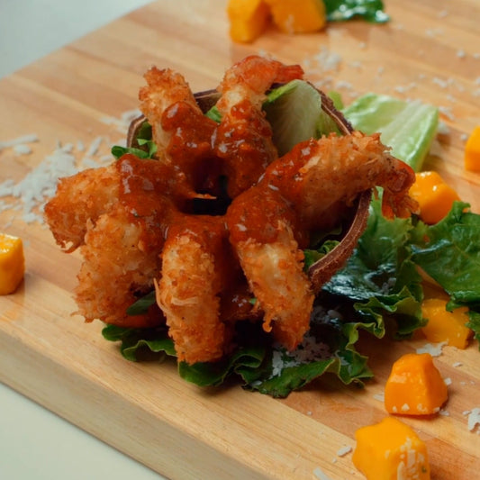 Crispy Coconut Shrimp with Mango-Peach Dipping Sauce